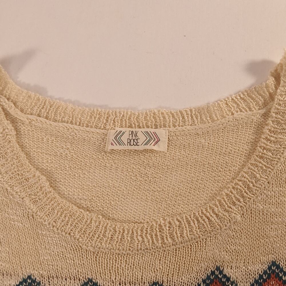 Pink Rose Women's Sweater XL Beige Southwestern Aztec Lightweight Knit Boho Top - Picture 13 of 13